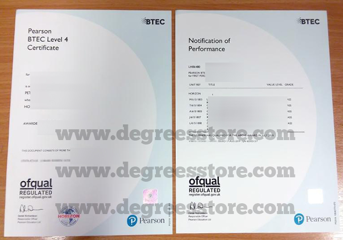 Pearson BTEC Level 4 Certificate and Notification of Performance