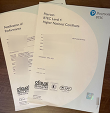 Pearson BTEC Level 4 Higher National Certificate and transcript