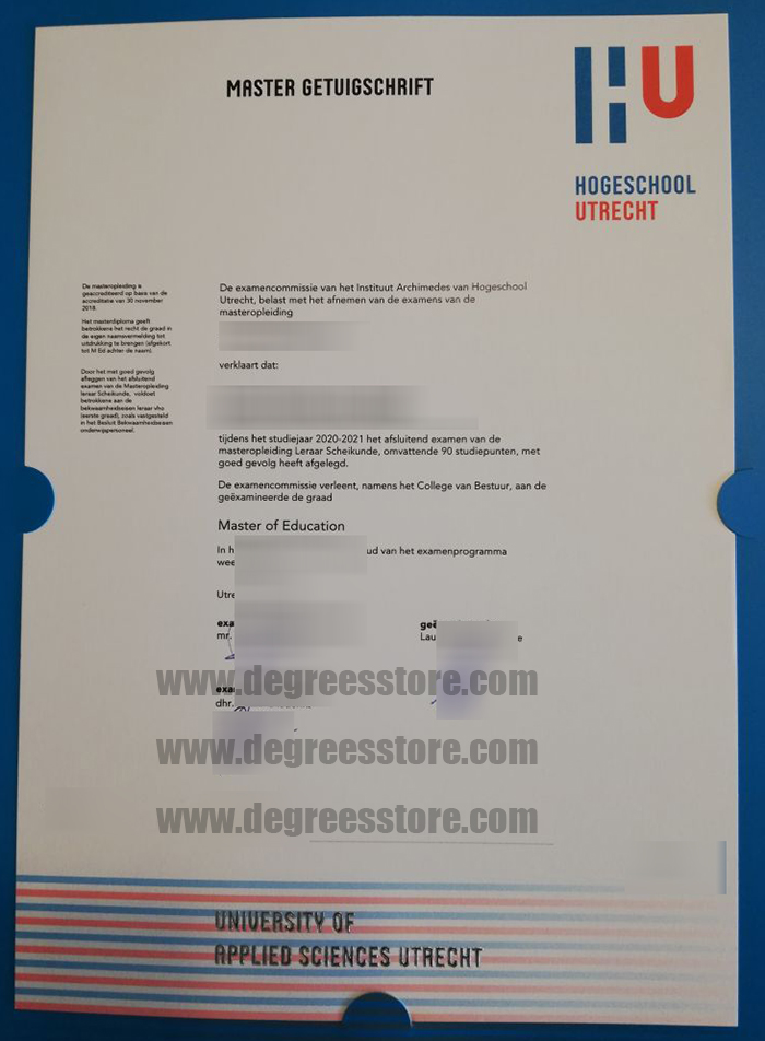Hogeschool Utrecht Master Getuigschrift, Hogeschool Utrecht diploma 