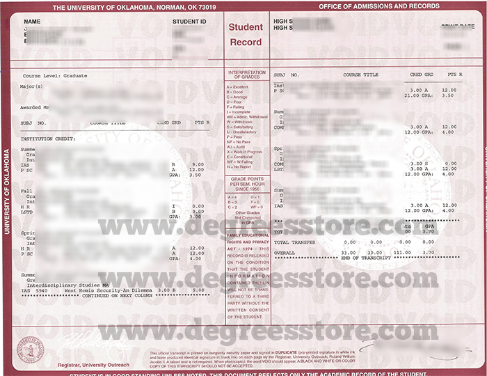 University of Oklahoma transcript
