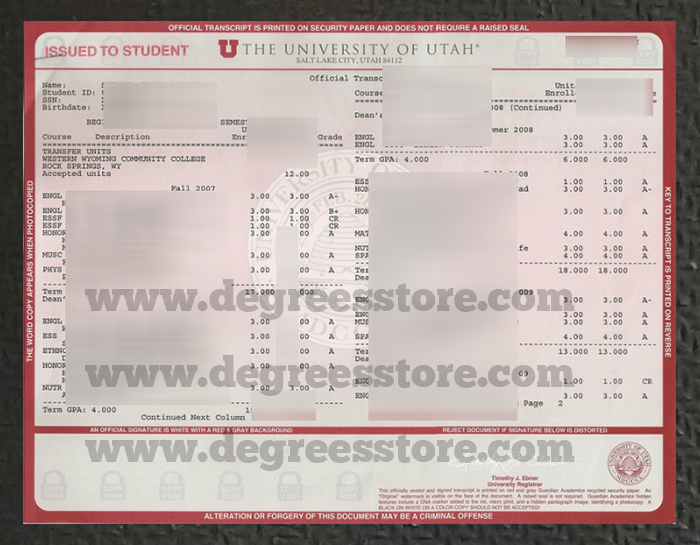 University of Utah transcript University of Utah transcript