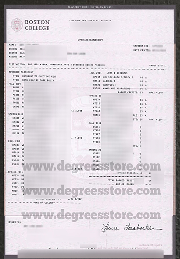 Boston College transcript sample