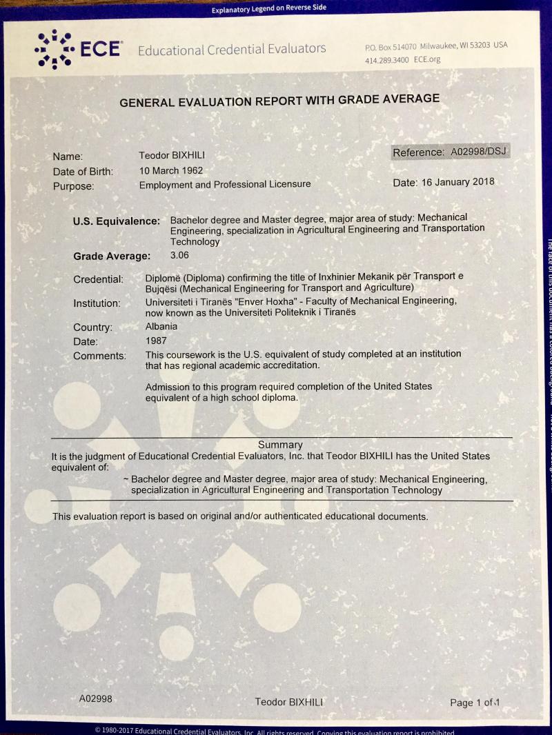 ECE Evaluations certificate sample