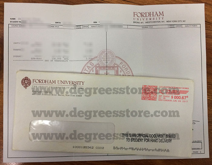 Fordham University transcript and envelope sample 