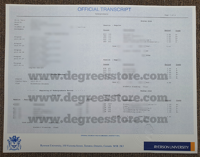 Ryerson University transcript