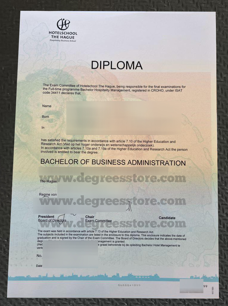 Hotelschool the Hague diploma sample