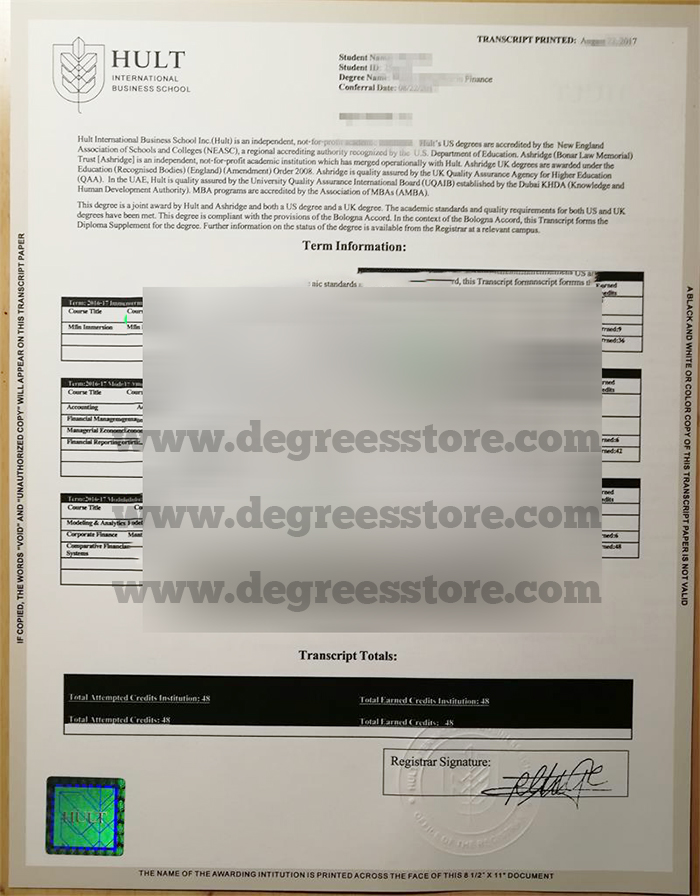 Hult International Business School transcript