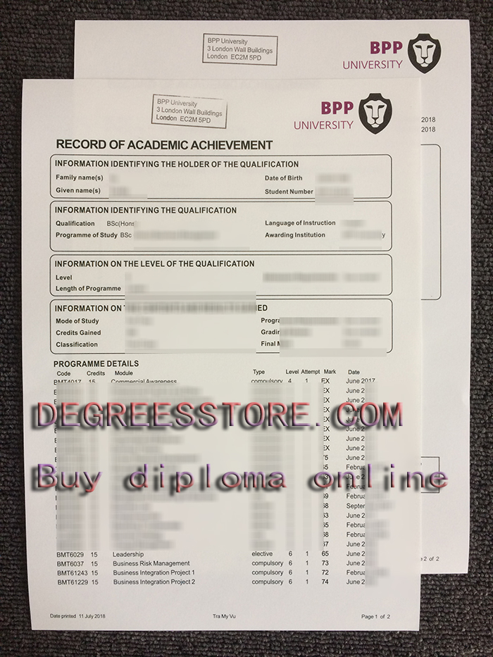 BPP University transcript