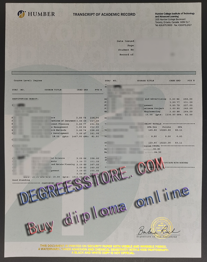 Humber Polytechnic transcript