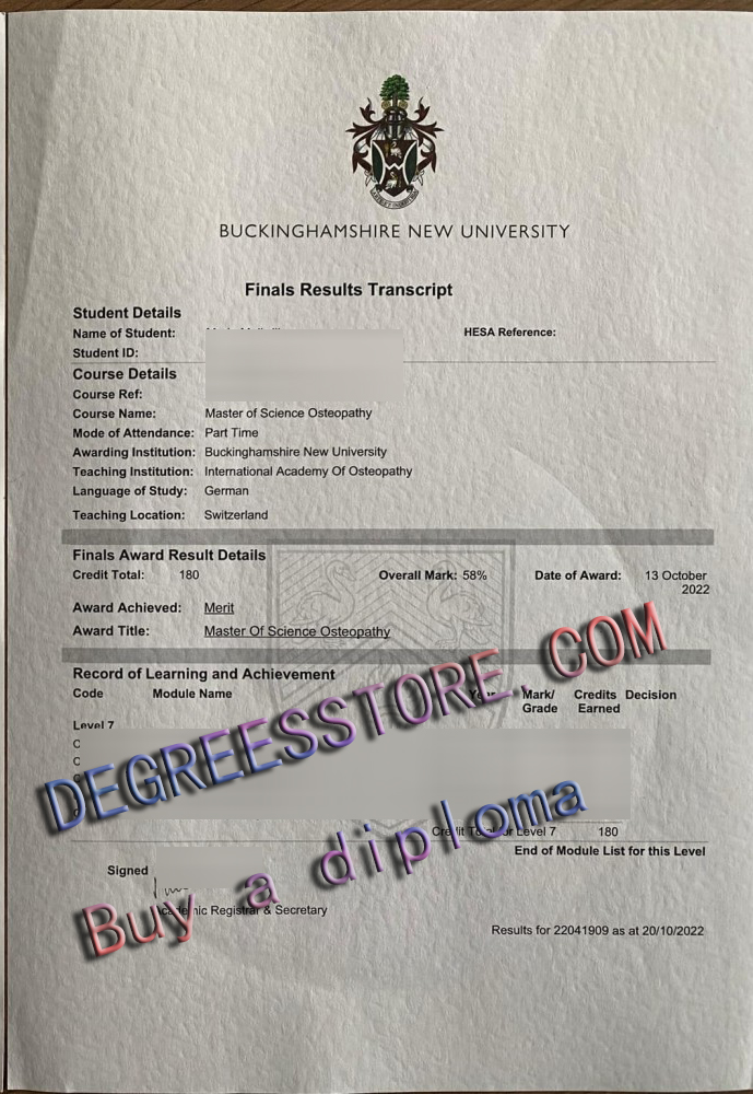 Buckinghamshire New University transcript