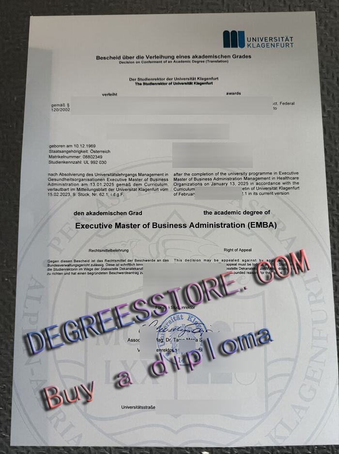 Universität Klagenfurt diploma, Universität Klagenfurt degree