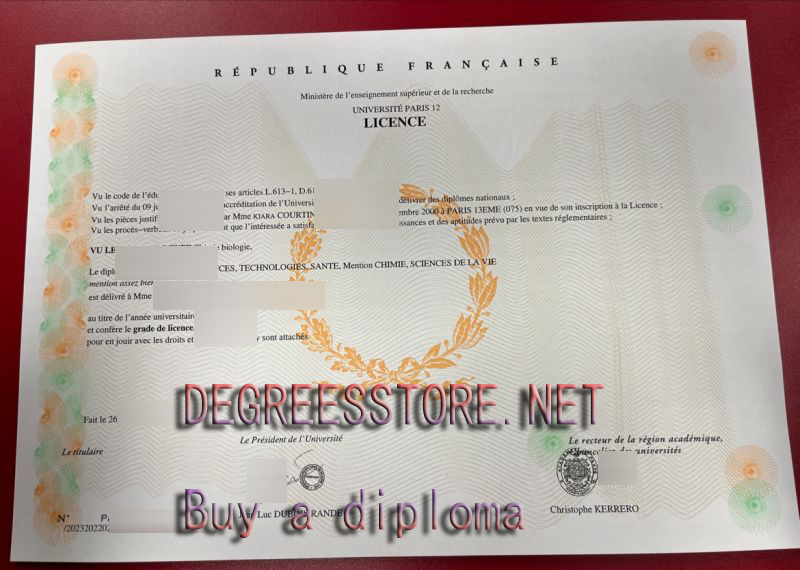 Paris XII diploma sample from France, UNIVERSITÉ PARIS 12 Licence 2026