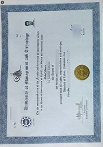 University of Management and Technology diploma sample