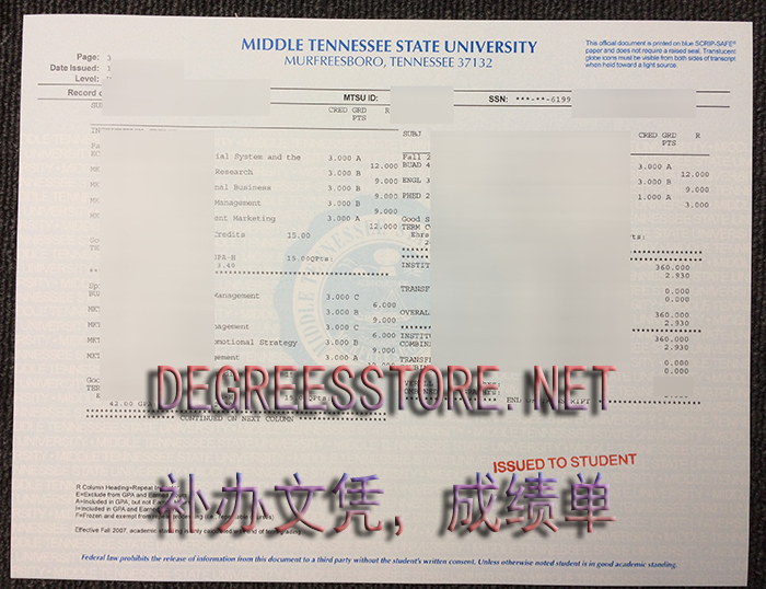 中田纳西州立大学成绩单MTSU transcript